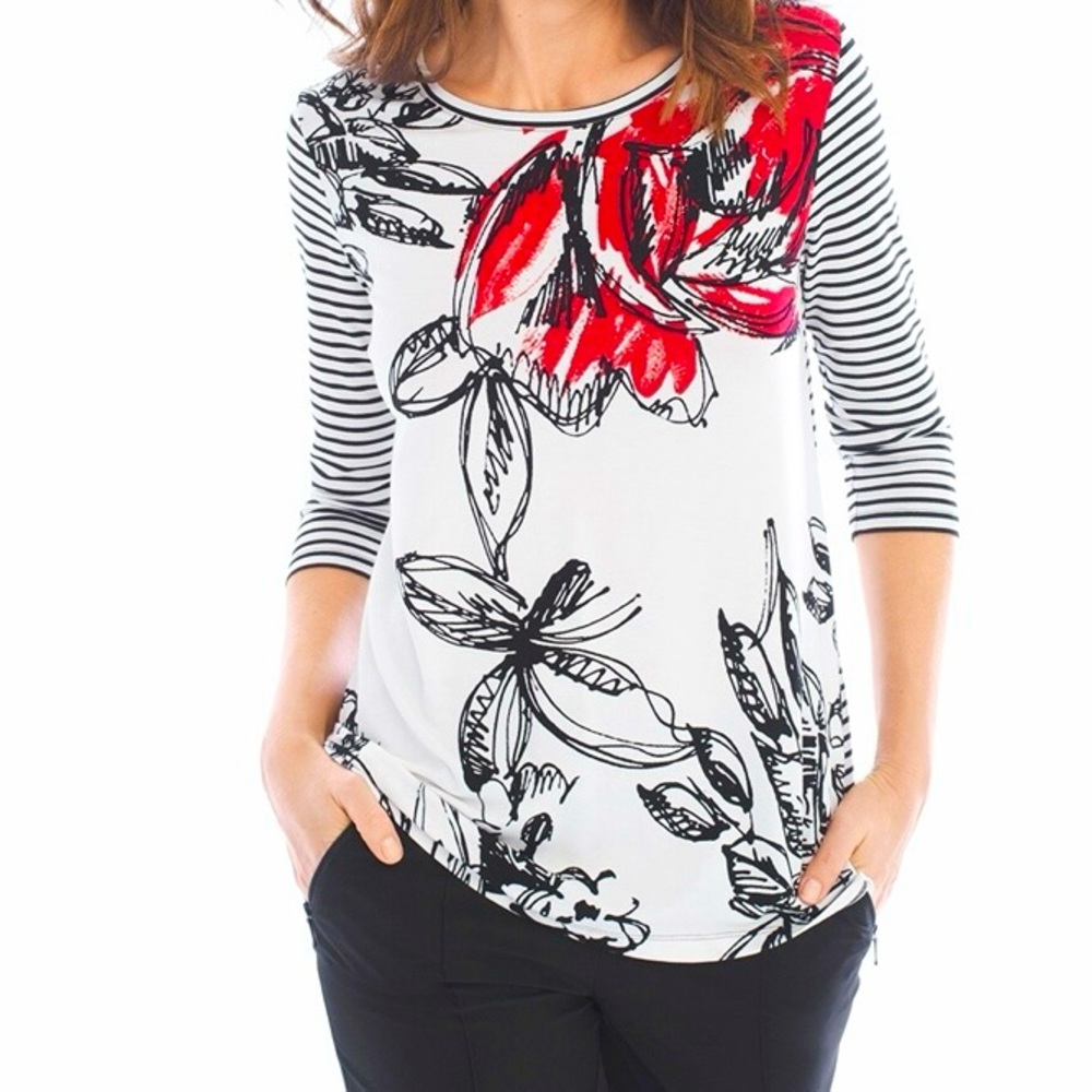 ZENERGY by CHICO’s Bonnie Mix Floral Print Tee Red, White & Black Size 0